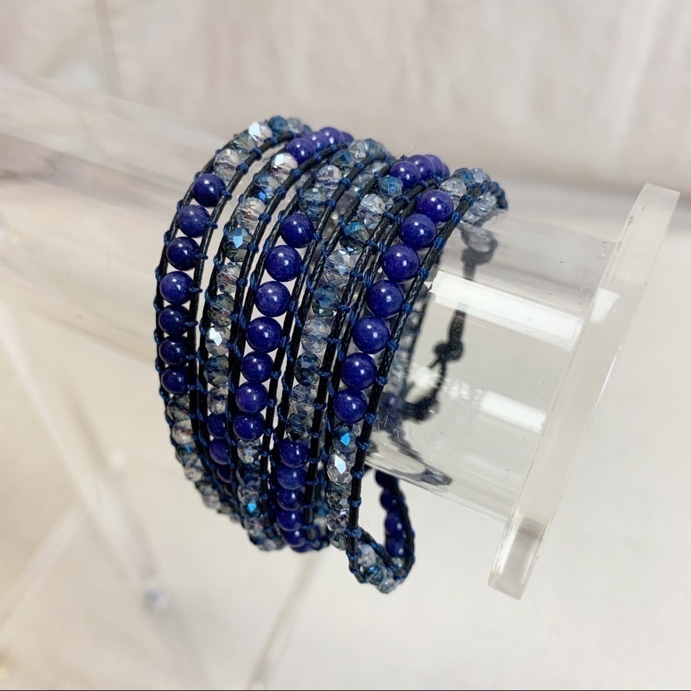 Blue stone and faceted glass bead wrap bracelet
